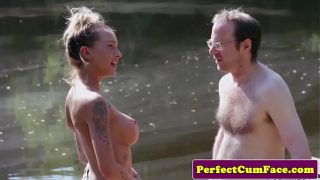 Busty femdom tugging guy outdoors for spunk xxx hot outdoor fuck